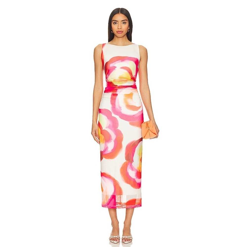 Amanda Uprichard Tiffany Dress M Asteria Pink Ruched Mesh Midi‎ Dopamine Bright